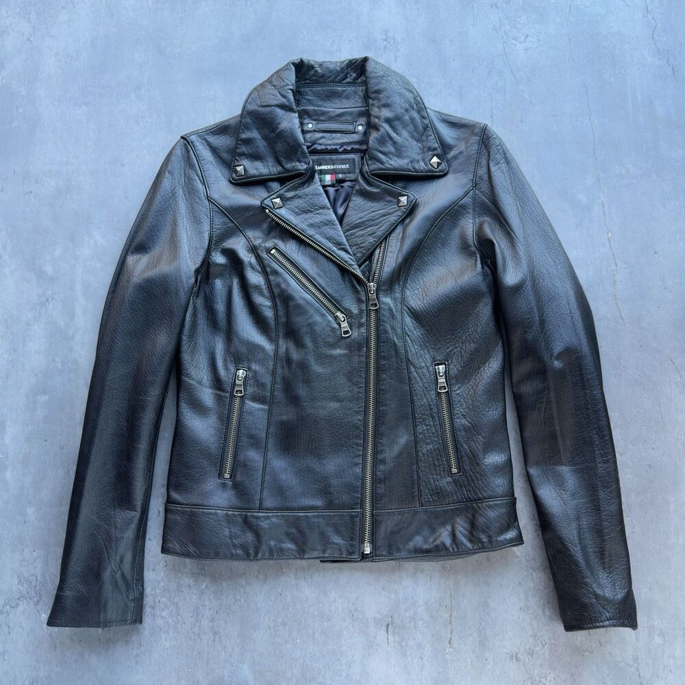 Tanners Avenue Women’s Black Leather Moto Jacket Small Asym Zip Italy Lamb